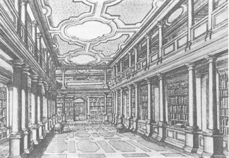 Колонный зал библиотеки Академии наук. Петербург. Гравюра 1725-26.